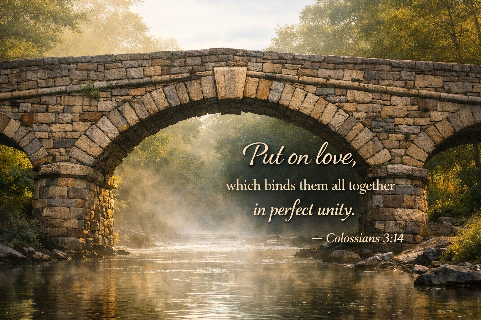 Bible verse wallpaper Colossians 3:14 with stone arch bridge spanning a misty river at sunrise